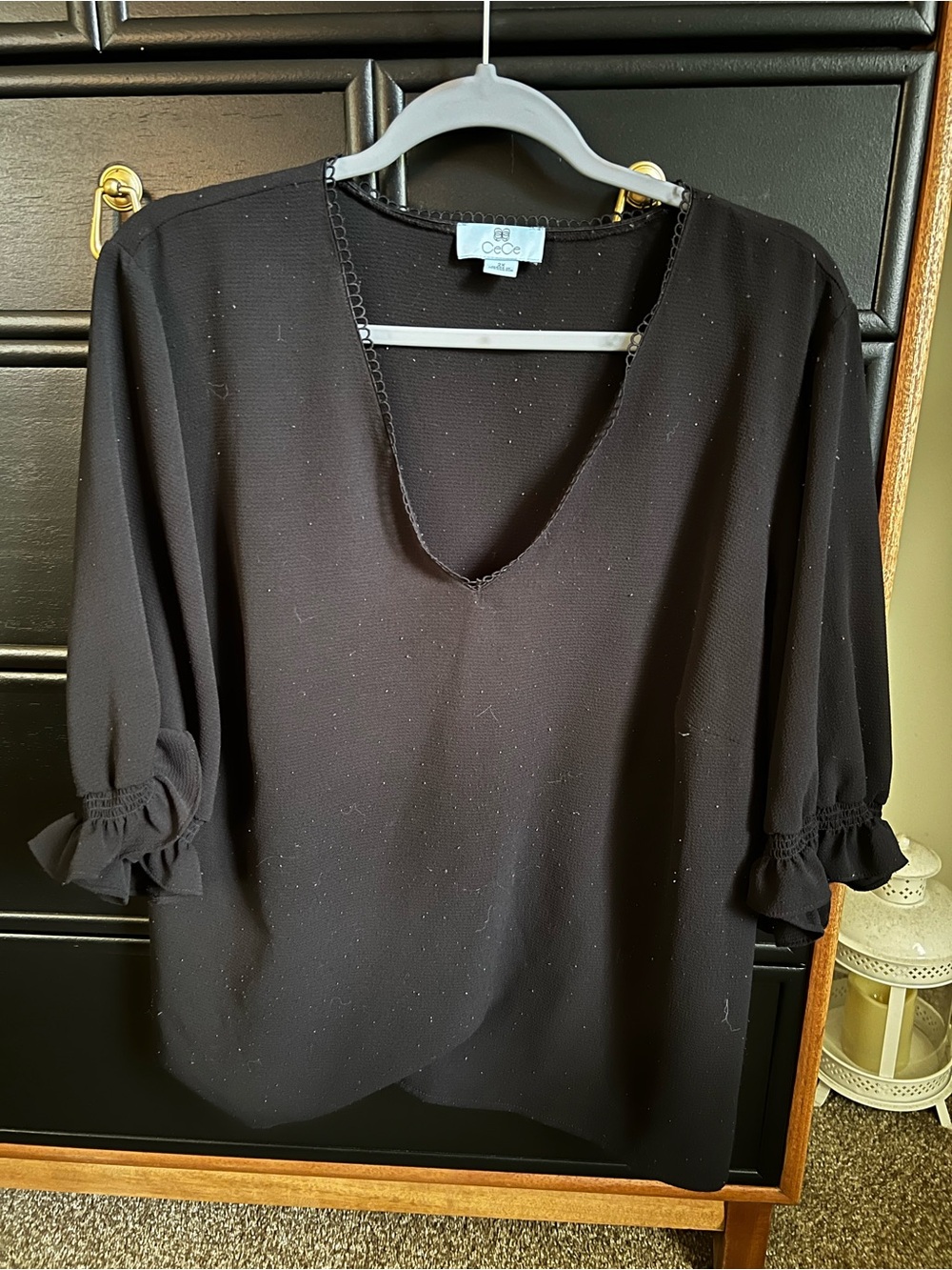 CeCe Black V-Neck Ruffle Sleeve Blouse